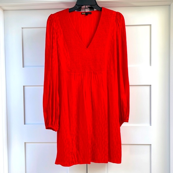 MAJE Smocked leopard jacquard dress red. Size 4 - Picture 1 of 8